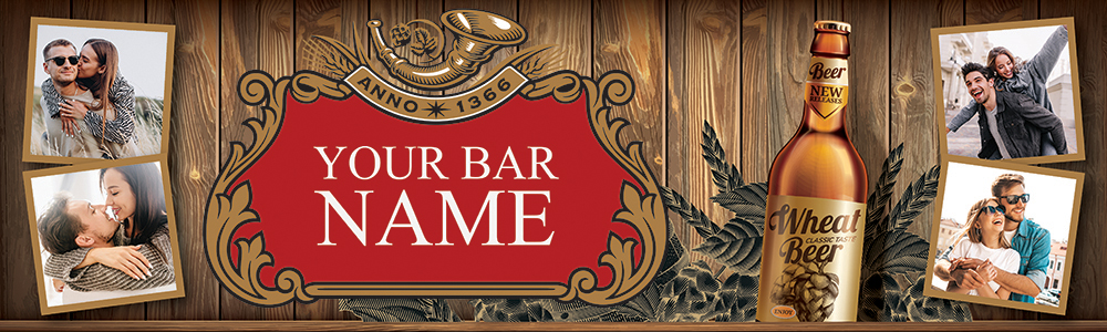 Personalised Home Bar Banner - Beer Wood Background - Custom Text & 1 Photo Upload