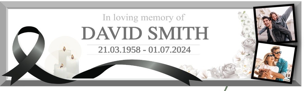 Personalised Memorial Banner - Candle Ribbon Funeral - Custom Name Date & 2 Photo Upload