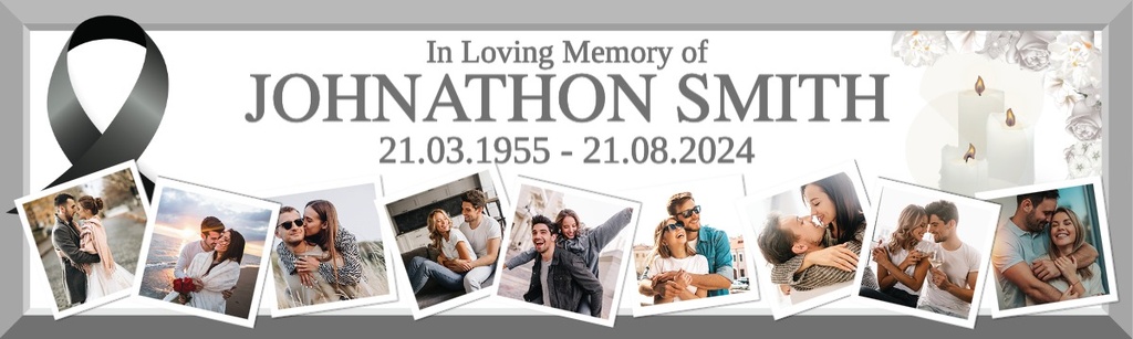 Personalised Memorial Banner - Candle Ribbon Funeral - Custom Name Date & 9 Photo Upload