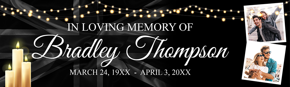 Personalised Memorial Banner - Funeral Candles - Custom Name & Date & 2 Photo Upload