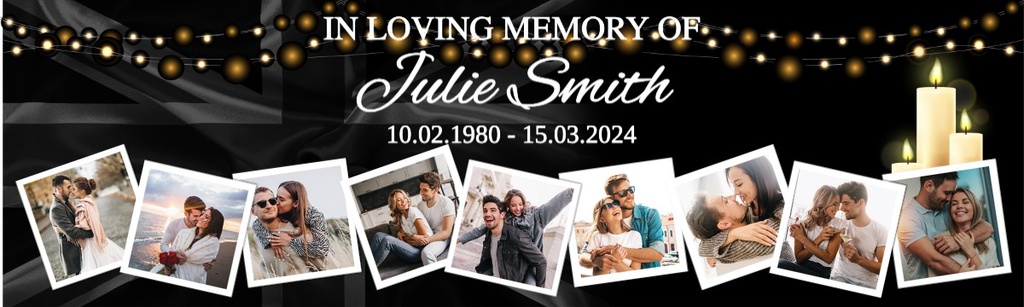 Personalised Memorial Banner - Funeral Candles - Custom Name & Date & 9 Photo Upload