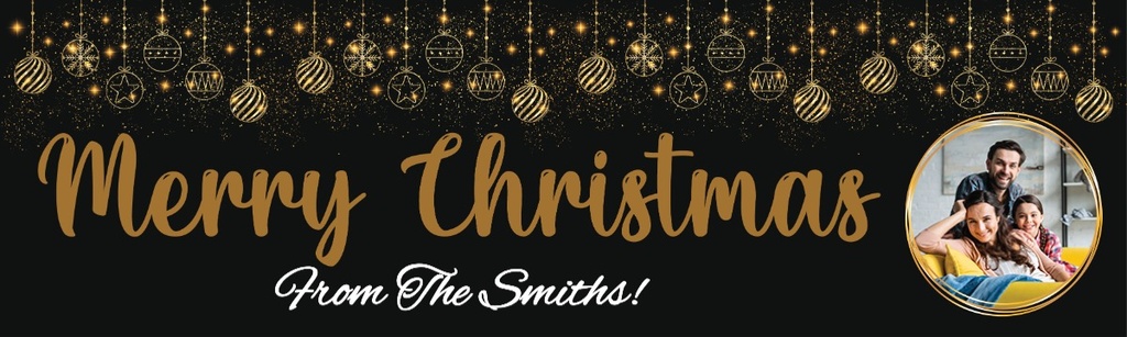 Personalised Merry Christmas Banner - Black & Gold Festive Baubles - Custom Text & 1 Photo Upload