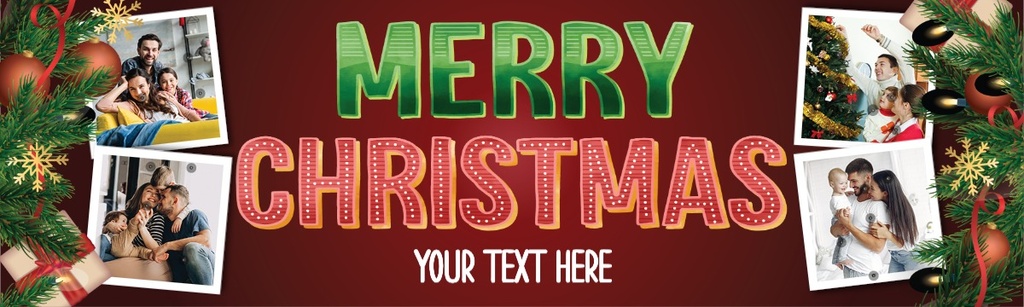 Personalised Merry Christmas Banner - Christmas Stocking Red & Green - Custom Text & 4 Photo Upload