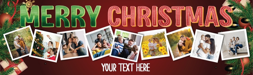 Personalised Merry Christmas Banner - Christmas Stocking Red & Green - Custom Text & 9 Photo Upload