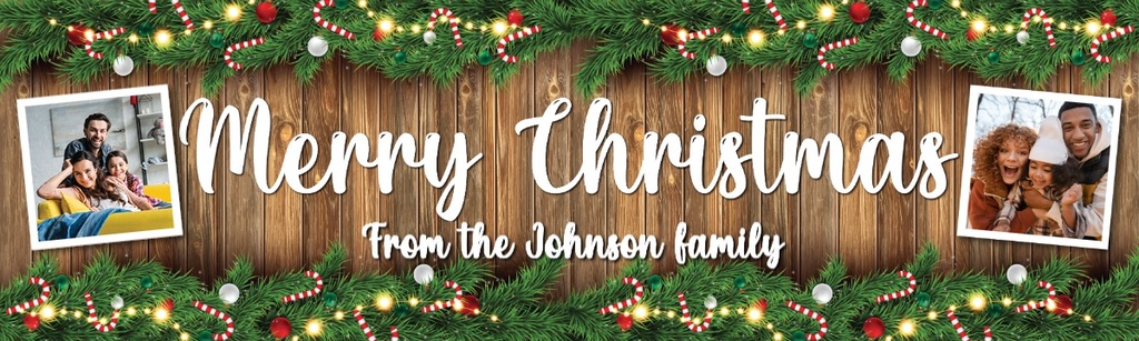 Personalised Merry Christmas Banner - Festive Lights & Garland - Custom Text & 2 Photo Upload