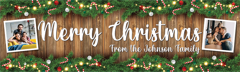 Personalised Merry Christmas Banner - Festive Lights & Garland - Custom Text & 2 Photo Upload