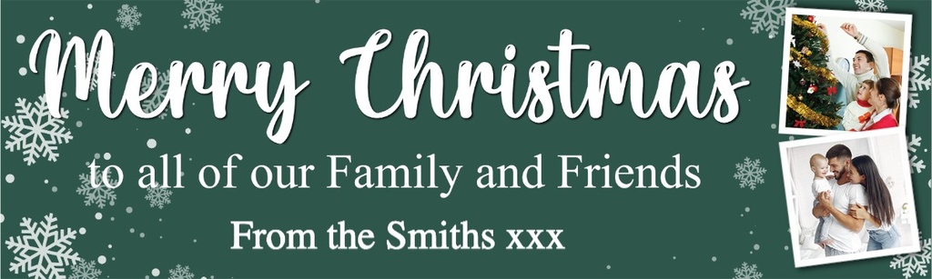 Personalised Merry Christmas Banner - Festive Snowflakes Green - Custom Text & 2 Photo Upload