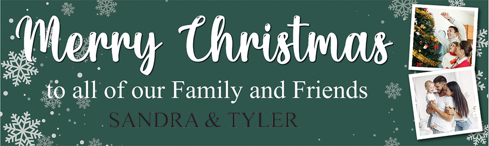 Personalised Merry Christmas Banner - Festive Snowflakes Green - Custom Text & 2 Photo Upload