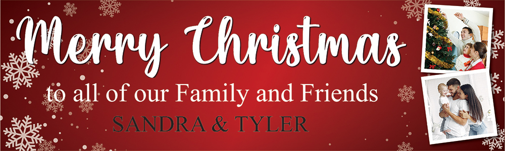 Personalised Merry Christmas Banner - Festive Snowflakes Red - Custom Text & 2 Photo Upload