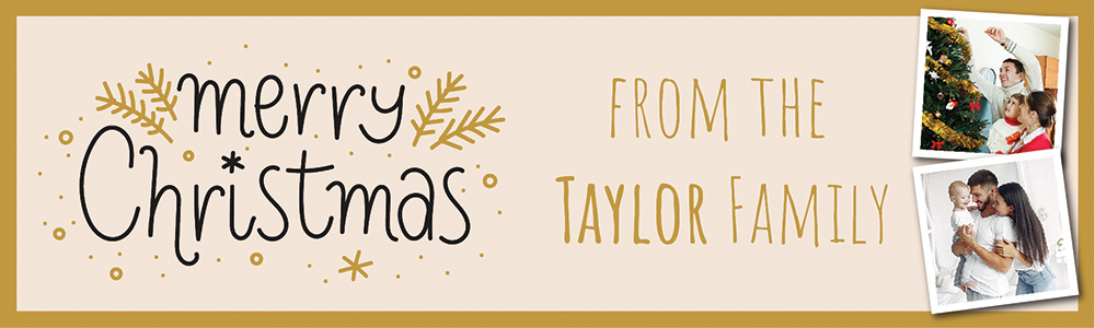 Personalised Merry Christmas Banner - Gold & Black Floral Design - Custom Text & 2 Photo Upload