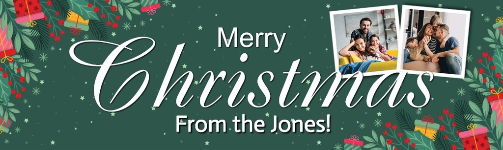 Personalised Merry Christmas Banner - Green Festive - Custom Name & 2 Photo Upload