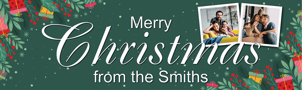 Personalised Merry Christmas Banner - Green Festive - Custom Name & 2 Photo Upload