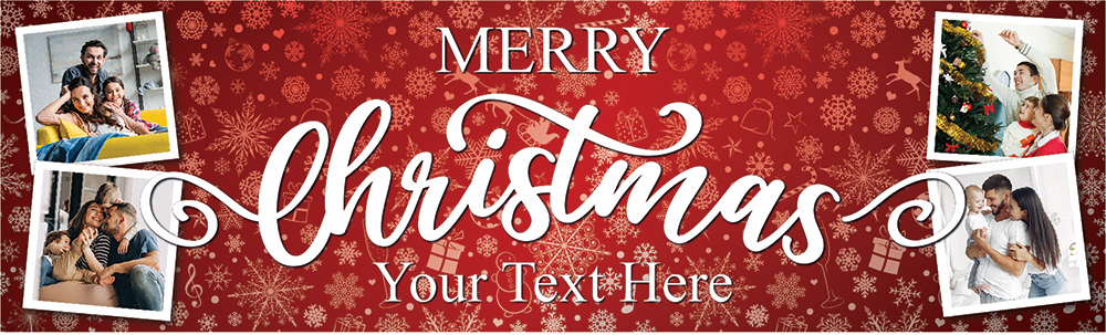 Personalised Merry Christmas Banner - Red Snowflakes - Custom Text & 4 Photo Upload