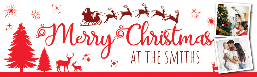 Personalised Merry Christmas Banner - Santa & Reindeer Red - Custom Text & 2 Photo Upload