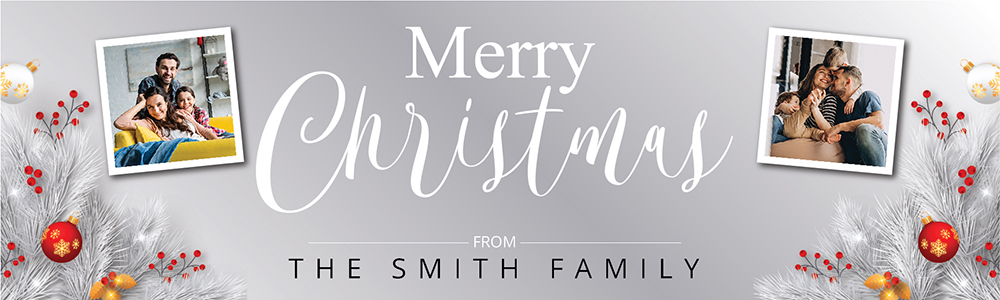 Personalised Merry Christmas Banner - Silver & Red Xmas Baubles - Custom Text & 2 Photo Upload