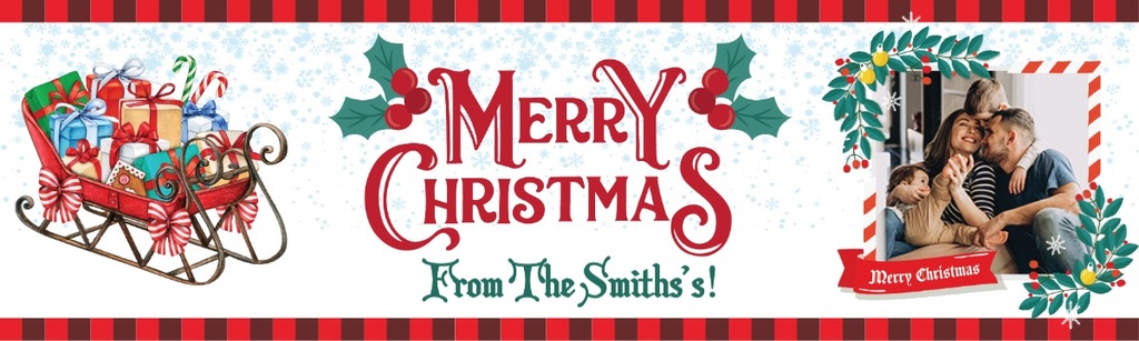 Personalised Merry Christmas Banner - Traditional Santa Sleigh - Custom Text & 1 Photo Upload