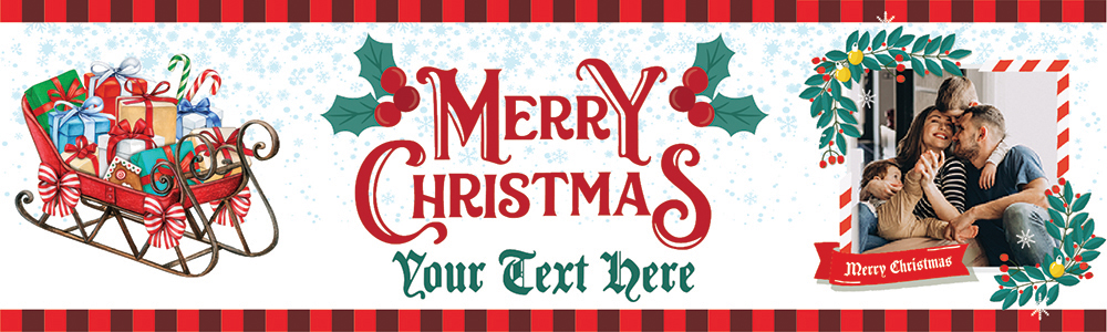 Personalised Merry Christmas Banner - Traditional Santa Sleigh - Custom Text & 1 Photo Upload