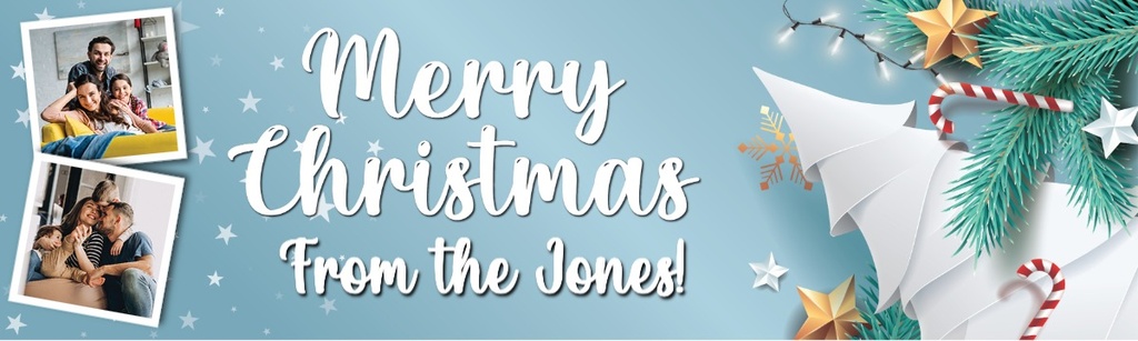 Personalised Merry Christmas Banner - White Christmas Tree & Stars - Custom Text & 2 Photo Upload