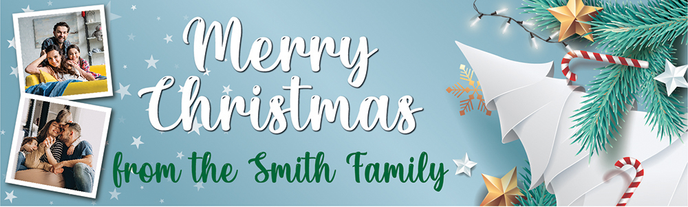 Personalised Merry Christmas Banner - White Christmas Tree & Stars - Custom Text & 2 Photo Upload