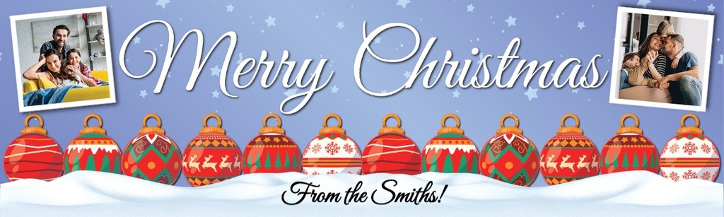 Personalised Merry Christmas Banner - Xmas Baubles - Custom Text & 2 Photo Upload