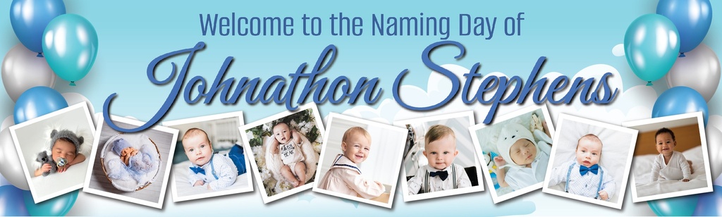 Personalised Naming Day Banner - Blue Balloons - Custom Name & 9 Photo Upload