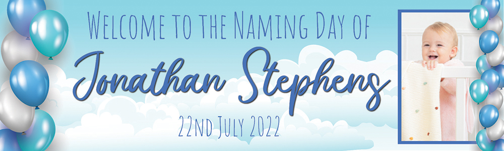 Personalised Naming Day Banner - Blue Balloons - Custom Name Date & 1 Photo Upload