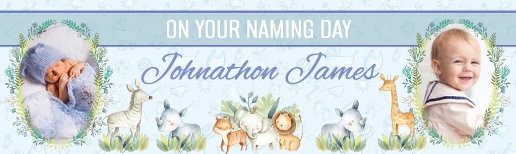 Personalised Naming Day Banner - Blue Safari Animals - Custom Name & 2 Photo Upload