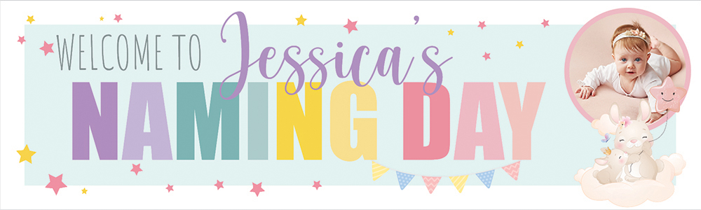 Personalised Naming Day Banner - Bunny & Stars - Custom Name & 1 Photo Upload