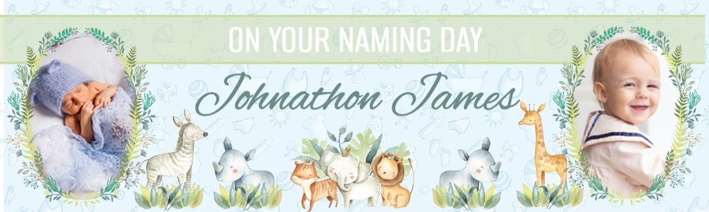 Personalised Naming Day Banner - Green Safari Animals - Custom Name & 2 Photo Upload