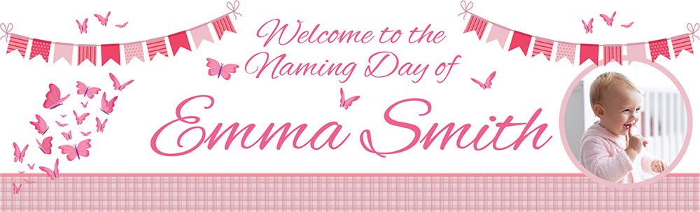 Personalised Naming Day Banner - Pink Butterflies - Custom Name & 1 Photo Upload