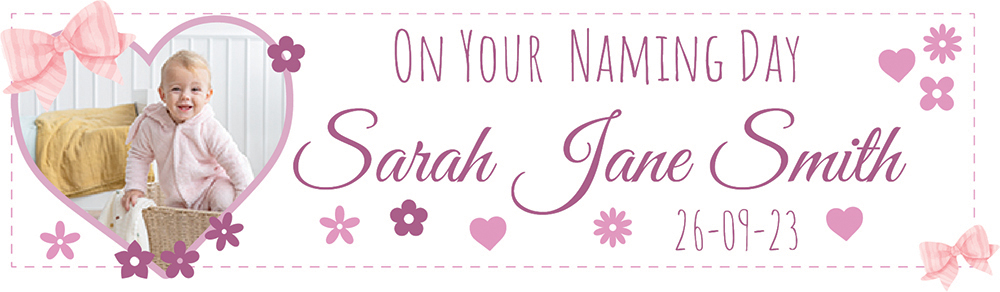 Personalised Naming Day Banner - Pink Hearts - Custom Name, Date & 1 Photo Upload