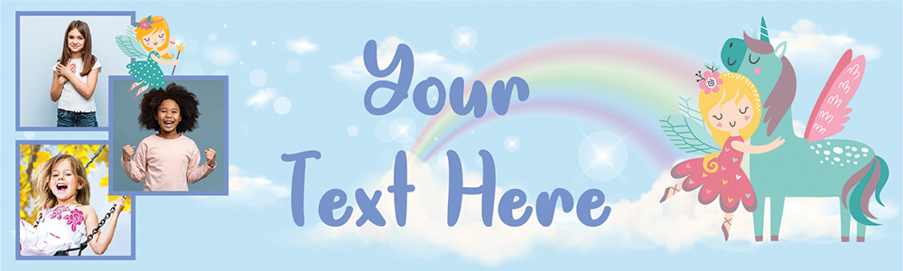 Personalised Party Banner - Blue Unicorn - Custom Text 3 Photo Upload