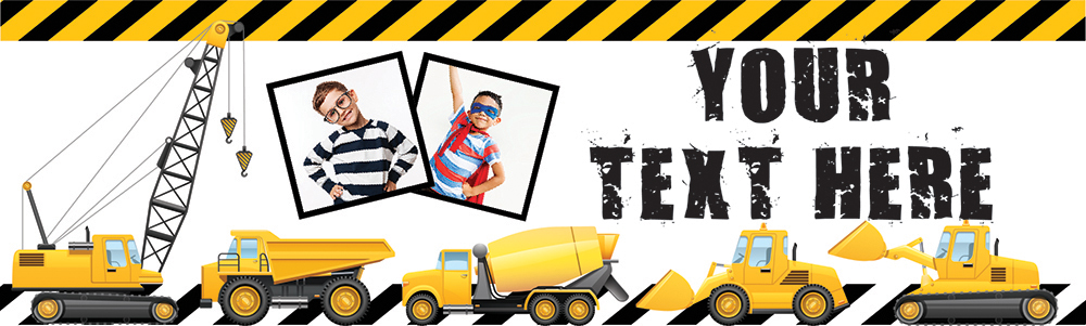 Personalised Party Banner - Diggers Cranes & Trucks - Custom Text & 2 Photo Upload