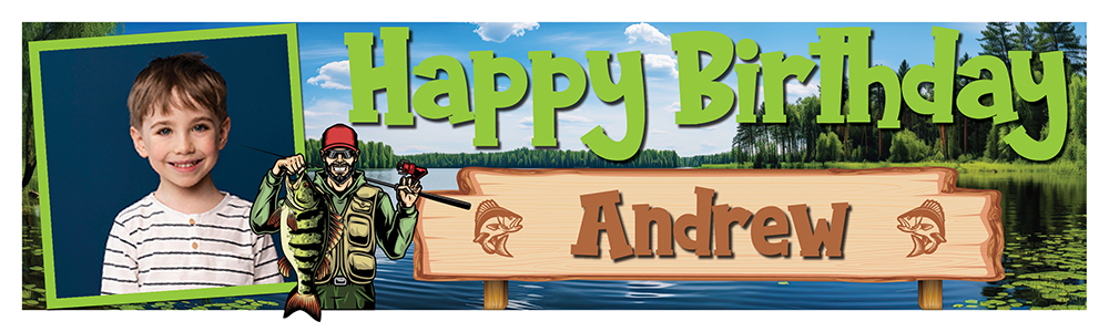 Personalised Party Banner - Fishing Catch - Custom Name & 1 Photo Upload