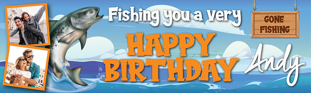 Personalised Party Banner - Fishing - Custom Name & 2 Photo Upload