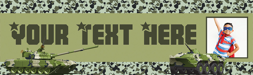 Personalised Party Banner - Green Army Tanks - Custom Text & 1 Photo Upload