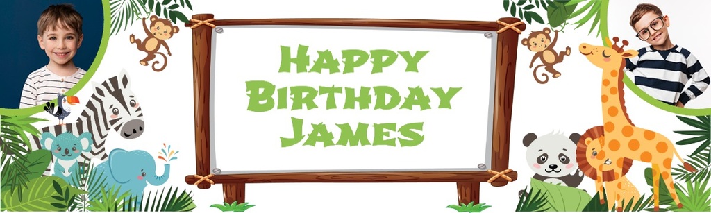 Personalised Party Banner - Jungle Animal Party - Custom Text & 2 Photo Upload