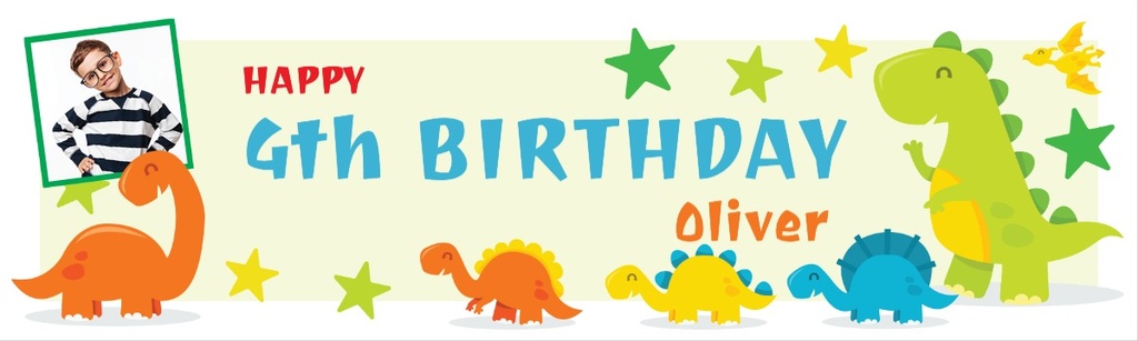 Personalised Party Banner - Kids Dinosaur & Stars - Custom Text & 1 Photo Upload