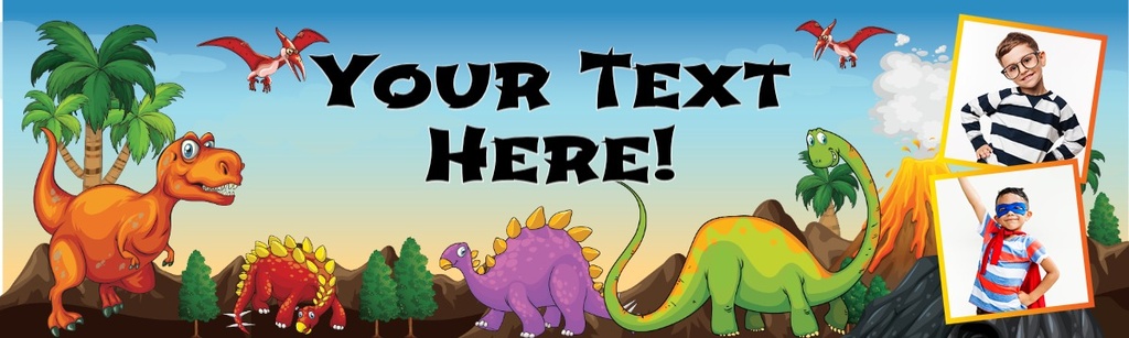 Personalised Party Banner - Kids Dinosaur Friends - Custom Text & 2 Photo Upload