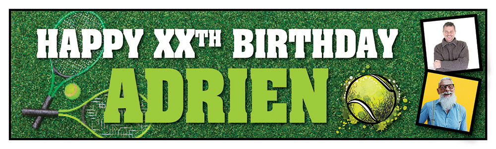 Personalised Party Banner - Kids Tennis Green - Custom Text & 2 Photo Upload