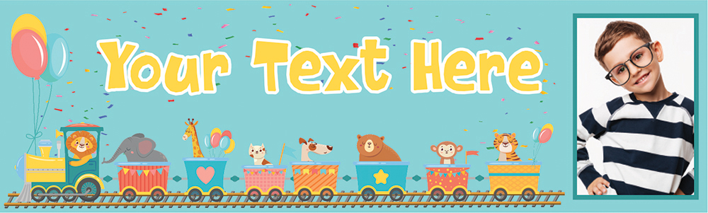 Personalised Party Banner - Lion Party Train - Custom Text & 1 Photo Upload