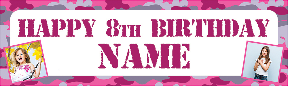 Personalised Party Banner - Pink & Purple Army - Custom Name, Age & 2 Photo Upload