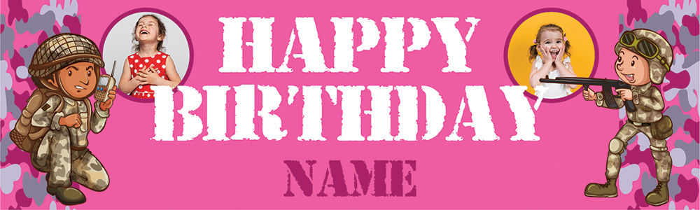 Personalised Party Banner - Pink Army Soldiers - Custom Name & 2 Photo Upload