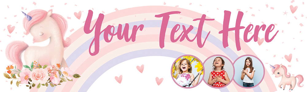 Personalised Party Banner - Pink Flower Unicorn - Custom Text & 3 Photo Upload