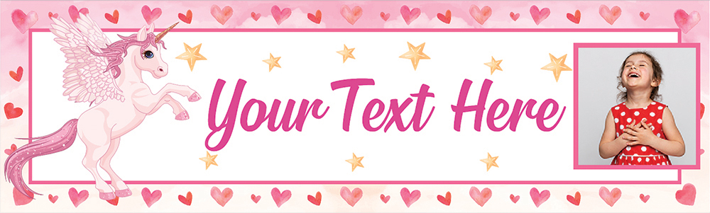 Personalised Party Banner - Pink Hearts & Unicorn - Custom Text & 1 Photo Upload