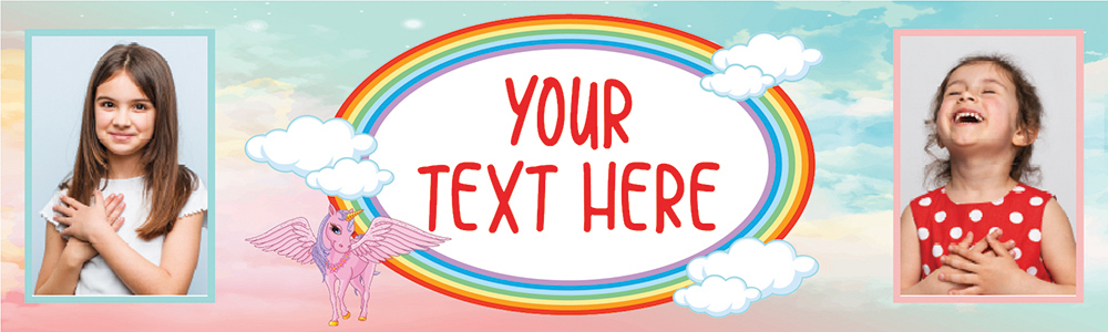 Personalised Party Banner - Rainbow Unicorn Pegasus - Custom Text & 2 Photo Upload