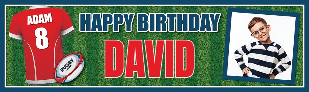 Personalised Party Banner - Rugby Red Blue Green - Custom Name & 1 Photo Upload