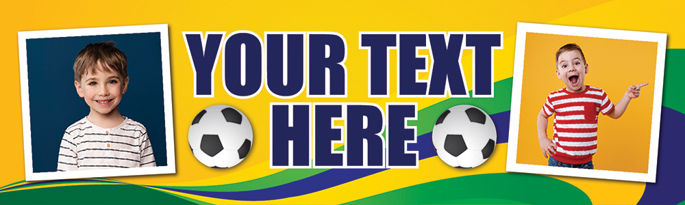 Personalised Party Banner - Yellow Blue Green Football - Custom Text 2 Photo Upload