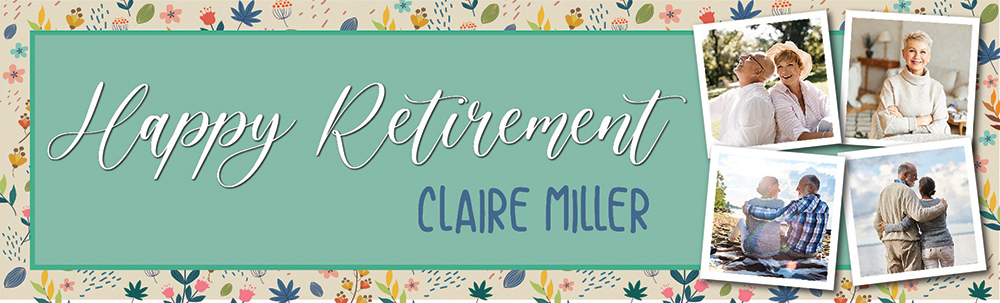 Personalised Retirement Banner - Green & Floral Print - Custom Name & 4 Photo Upload