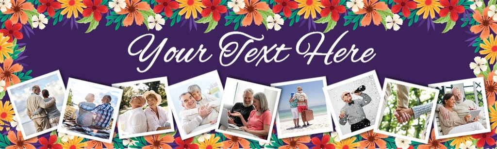 Personalised Retirement Banner - Purple & Flowers - Custom Text & 9 Photo Upload